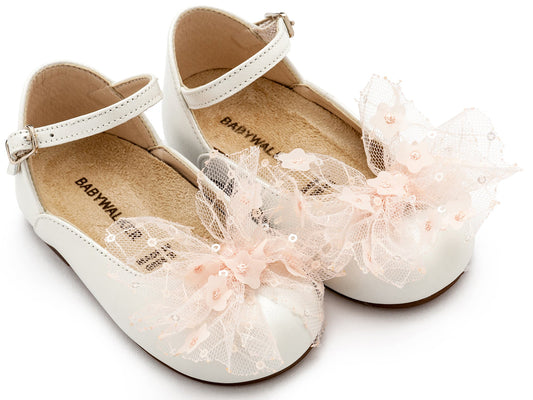 Γαλλικό Γοβάκι με Τούλινο Φιόγκο Εκρού Ροζ - The4kins baby brand