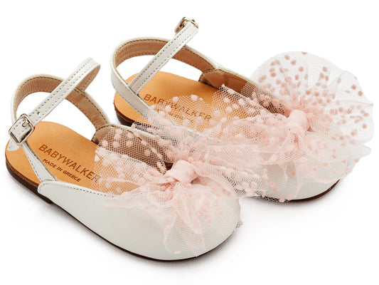 Γαλλικό Σαμπό με Χειροποίητο Τούλινο Φιόγκο Εκρού Ροζ - The4kins baby brand