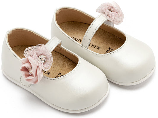 Γοβάκι Μονή Μπαρέτα με Διακοσμητικό Λουλούδι Εκρού Ροζ - The4kins baby brand