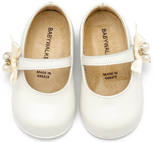 Γοβάκι Μονή Μπαρέτα με Φιογκάκι και Πέρλες Εκρού - The4kins baby brand