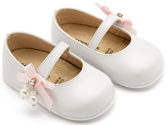 Γοβάκι Μονή Μπαρέτα με Φιογκάκι και Πέρλες Λευκό Ροζ - The4kins baby brand