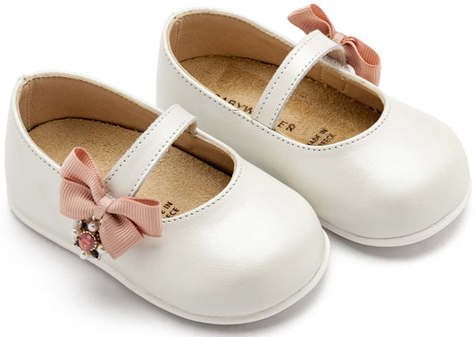 Γοβάκι Μονή Μπαρέτα με Φιογκάκι στο Πλάι Εκρού Ροζ - The4kins baby brand