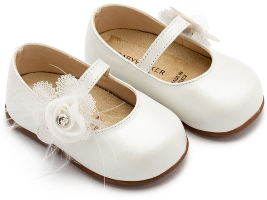 Γοβάκι Μονή Μπαρέτα με Λουλούδι Εκρού - The4kins baby brand