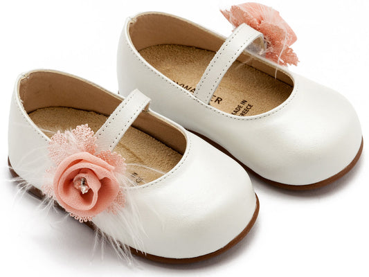 Γοβάκι Μονή Μπαρέτα με Λουλούδι Εκρού - pink - The4kins baby brand