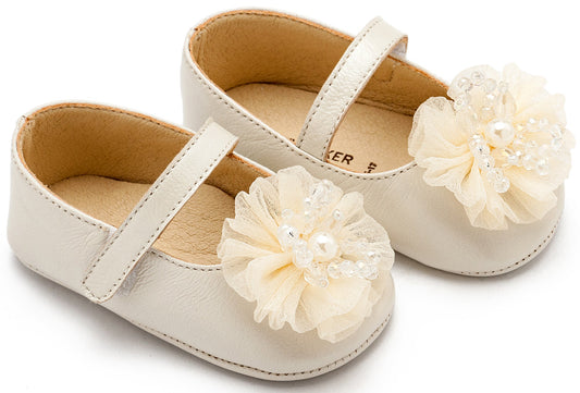 Γοβάκι Μονή Μπαρέτα με Υφασμάτινο Λουλούδι με Χάντρες Εκρού - The4kins baby brand