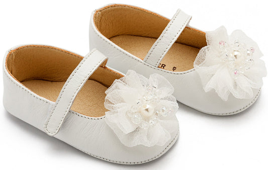 Γοβάκι Μονή Μπαρέτα με Υφασμάτινο Λουλούδι με Χάντρες Λευκό - The4kins baby brand