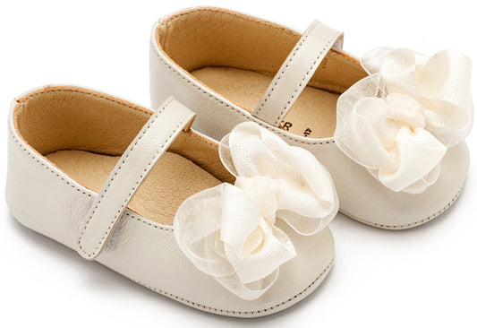 Γοβάκι Μονή Μπαρέτα με Υφασμάτινο Χειροποίητο Φιογκάκι Εκρού - The4kins baby brand