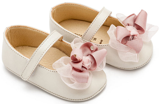 Γοβάκι Μονή Μπαρέτα με Υφασμάτινο Χειροποίητο Φιογκάκι Εκρού Ροζ - The4kins baby brand