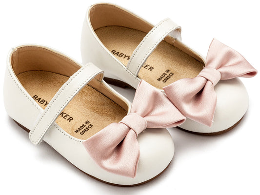 Γοβάκι Μονή Μπαρέτα Χρατς με Φιογκάκι Εκρού Ροζ - The4kins baby brand