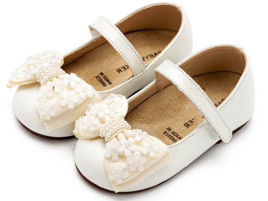 Γοβάκι Μονή Μπαρέτα Χρατς με Gros Grain Φιογκάκι και Λουλουδάκια Εκρού - The4kins baby brand