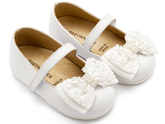 Γοβάκι Μονή Μπαρέτα Χρατς με Gros Grain Φιογκάκι και Λουλουδάκια Λευκό - The4kins baby brand