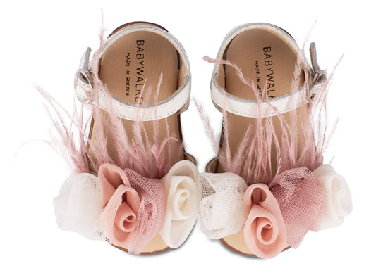 Πέδιλο Διακοσμημένο με Λουλούδια και Φτερά Εκρού Ροζ - The4kins baby brand
