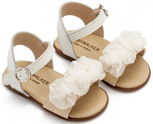 Πέδιλο με Λουλουδάκια και Πέρλες Εκρού - The4kins baby brand