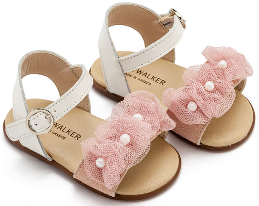 Πέδιλο με Λουλουδάκια και Πέρλες Ροζ - The4kins baby brand