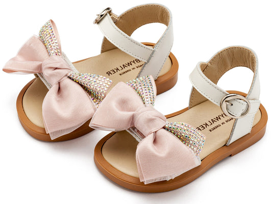 Πέδιλο με Σατέν Φιογκάκι & Στρας Εκρού Ροζ - The4kins baby brand