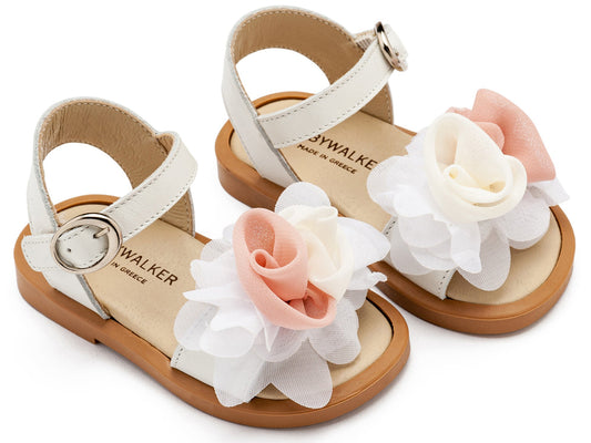 Πέδιλο με Χειροποίητο Διακοσμητικό με Chiffon Λουλούδια Εκρού Ροζ - The4kins baby brand