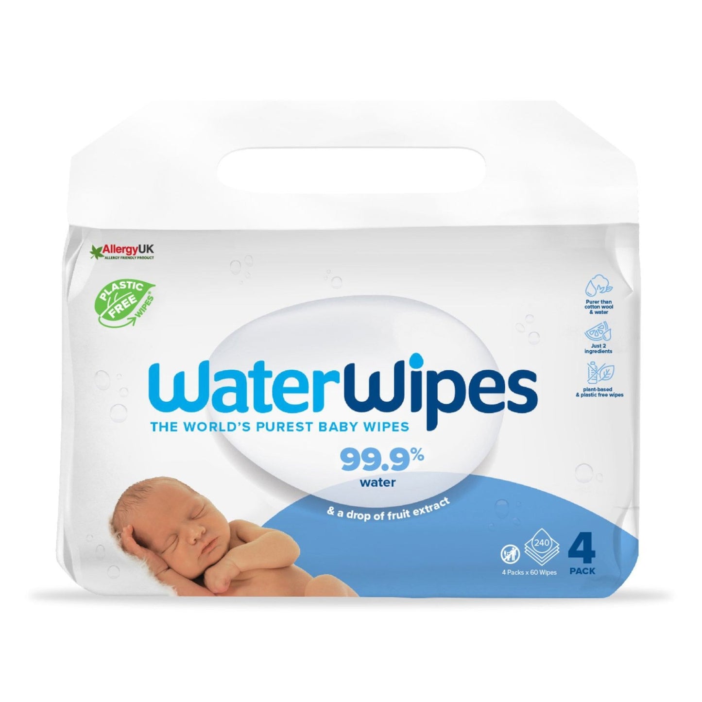 WaterWipes, 100% Plastic - free Άοσμα Μωρομάντηλα, 99.9% Νερό, 240 Μαντηλάκια (4πακ/60τμχ) - The4kins baby brand