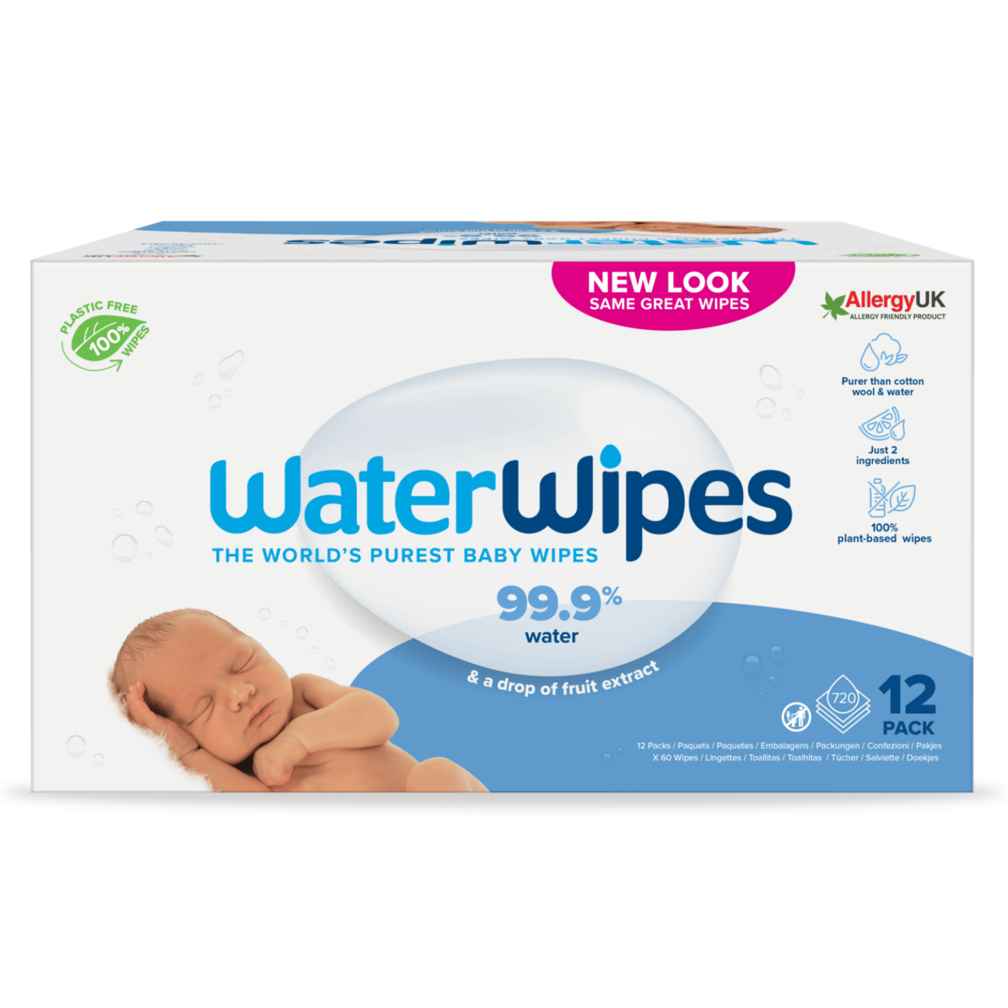 WaterWipes, 100% Plastic - free Άοσμα Μωρομάντηλα, 99.9% Νερό, Ηλικίες 0+, 720 Μαντηλάκια (12πακ/60τμχ) - The4kins baby brand
