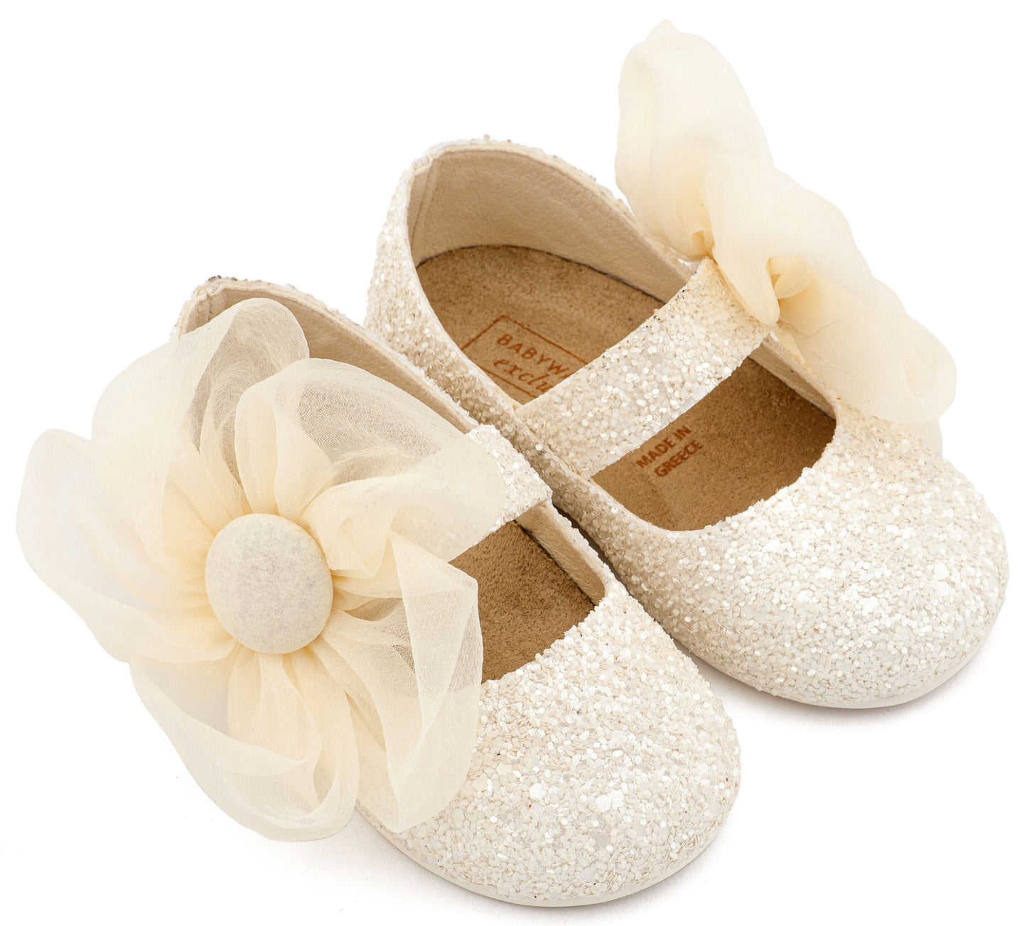 Γοβάκι Μονή Μπαρέτα Διακοσμημένο με Μεγάλο Λουλούδι Οργάντζας  Εκρού