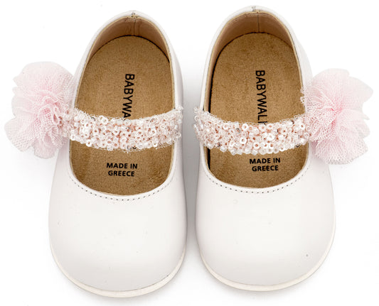 Πέδιλο με Χειροποίητο Διακοσμητικό απο Τούλι και  Εκρού Ροζ