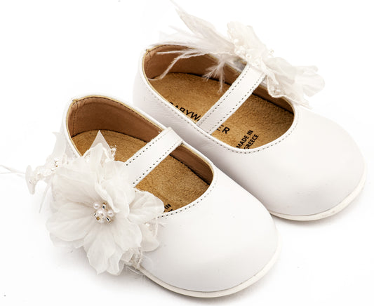 Γοβάκι Μονή Μπαρέτα Χειροποίητο Λουλούδι με Πούπουλα (Εκρού\Λευκό)