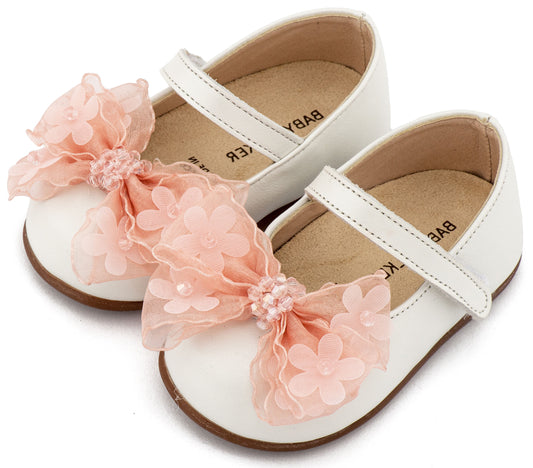 Γοβάκι Μονή Μπαρέτα Φιογκάκι Οργάντζας Εκρού Ροζ