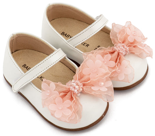 Γοβάκι Μονή Μπαρέτα Φιογκάκι Οργάντζας Εκρού Ροζ