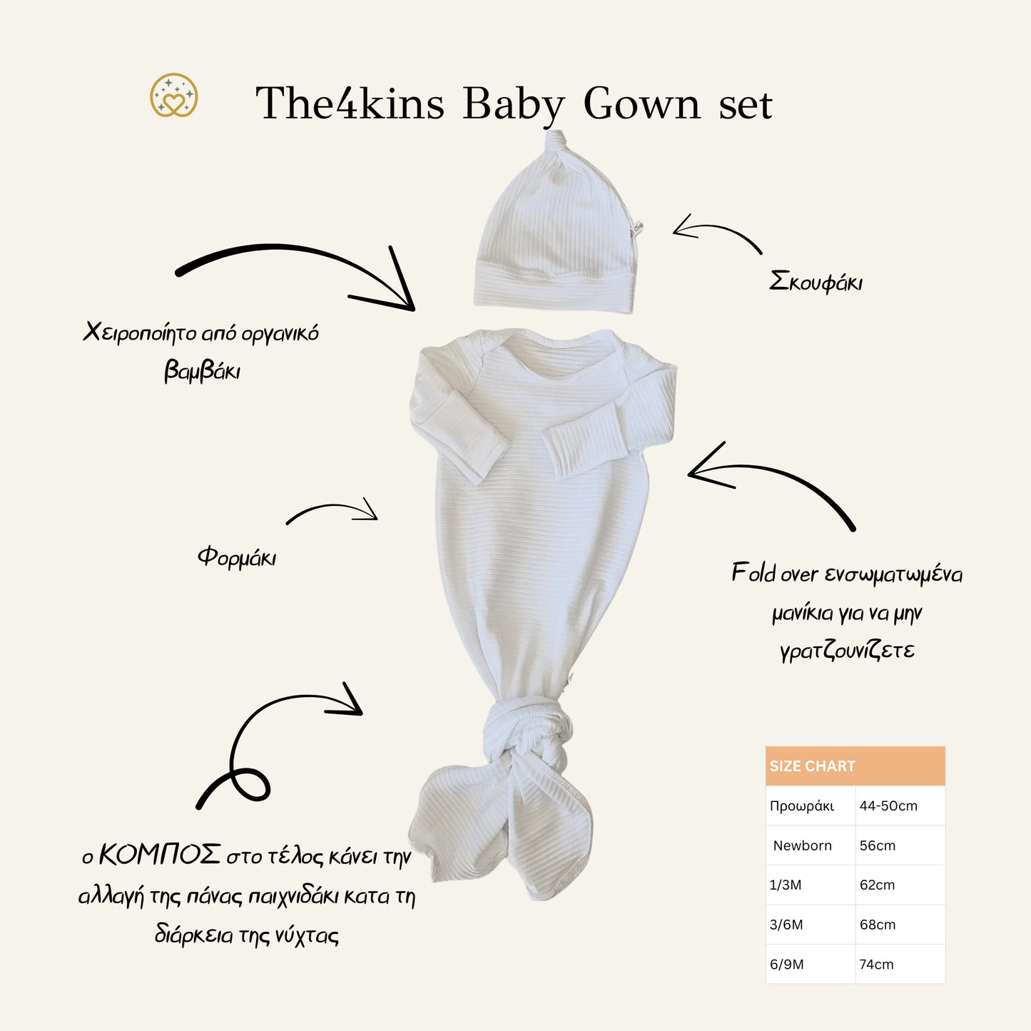 Baby Gown White - Βρεφικό Φορμάκι Ύπνου - My First Organics - The4kins baby brand