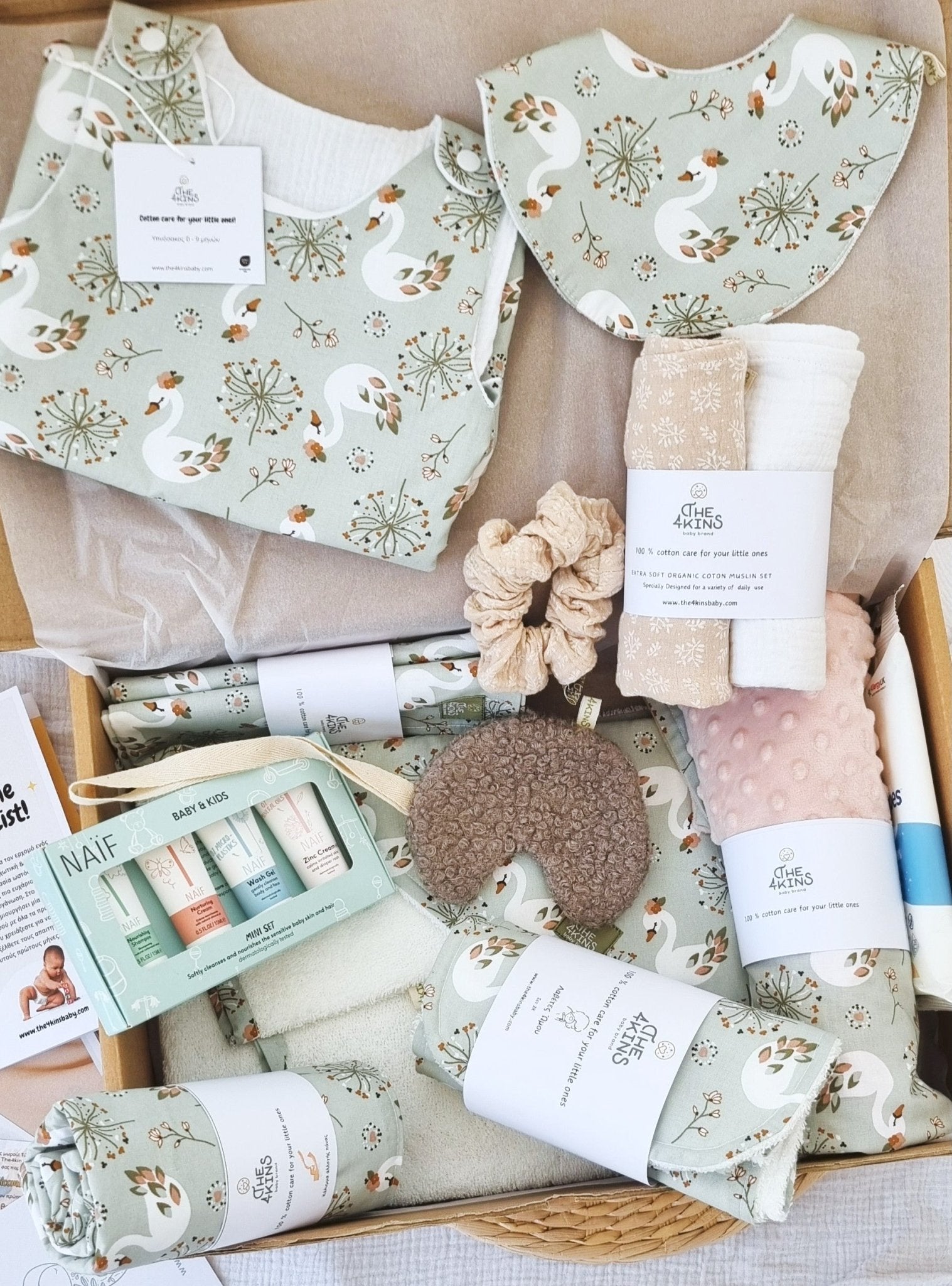 Ολοκληρωμένη λίστα μωρού με θέμα κύκνους (Swan Lake): κουβέρτα, υπνόσακος, είδη φροντίδας