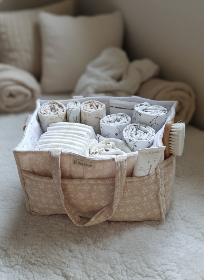 Nappy Caddy the4kins από οργανικό βαμβάκι, καλάθι οργάνωσης για την αλλαξιέρα σε καπιτονέ σχέδιο