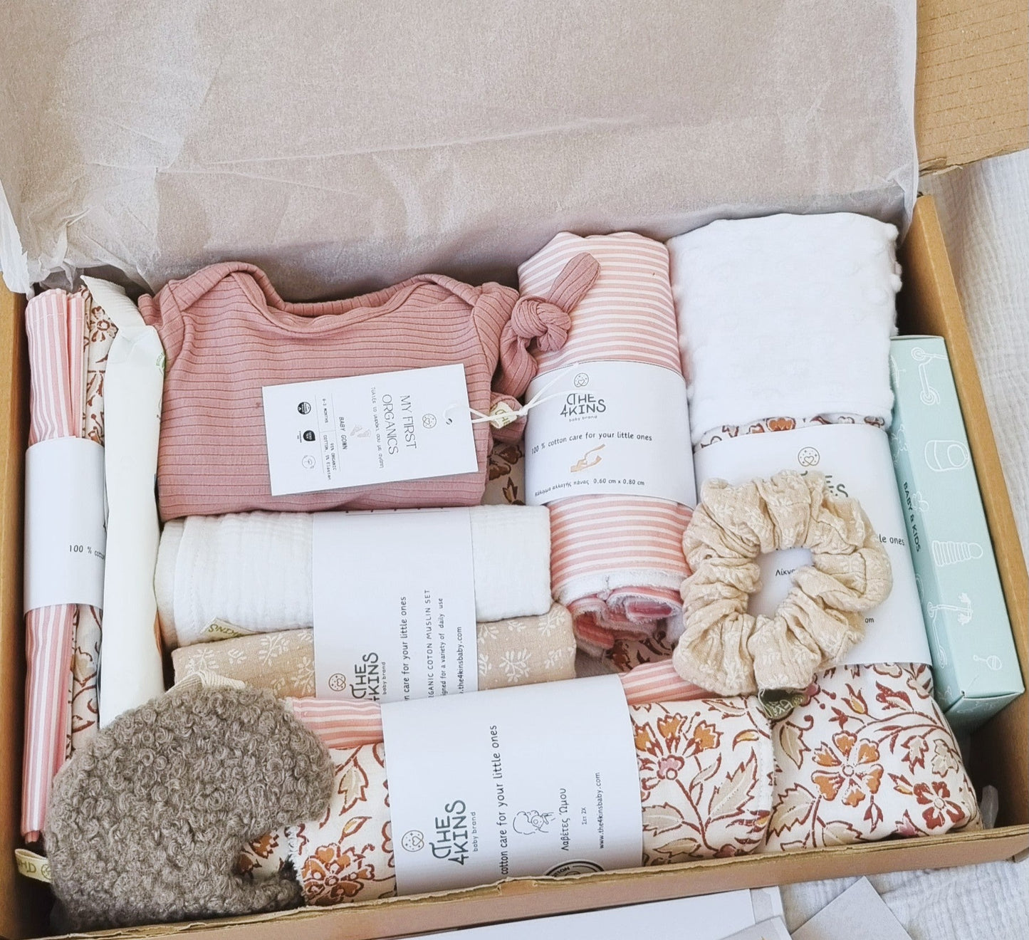 Aνοιχτό Welcome Baby Box με κουβερτούλα minky, υπνόσακο και είδη φροντίδας για τη βαλίτσα μαιευτηρίου