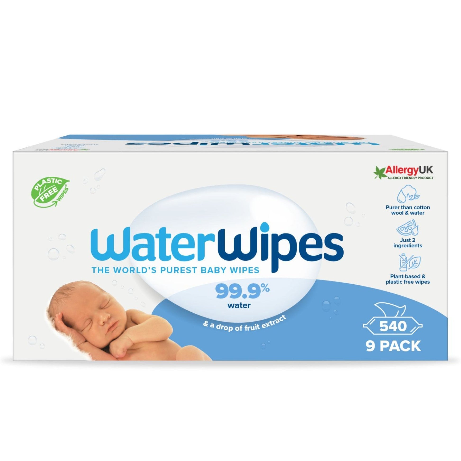 WaterWipes, 100% Plastic - free Άοσμα Μωρομάντηλα, 99.9% Νερό, 540 Μαντηλάκια (9πακ/60τμχ) - The4kins baby brand
